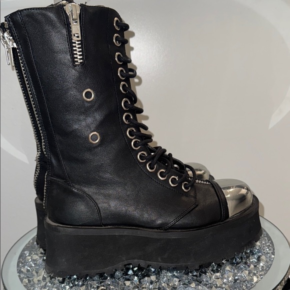 Demonia Black and Silver Lace Up Boots - Picture 3 of 5